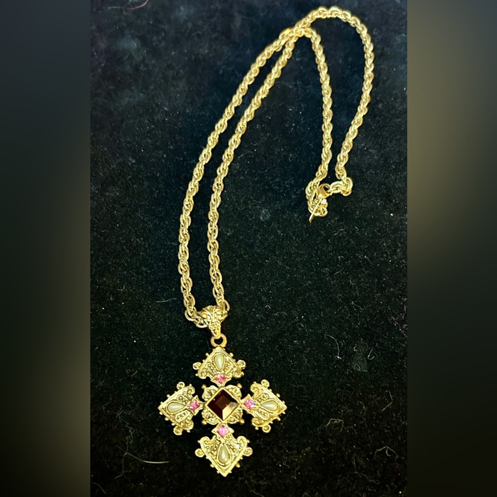 1928 Gold CrossNecklace with Pink and Red Accents - Picture 3 of 8